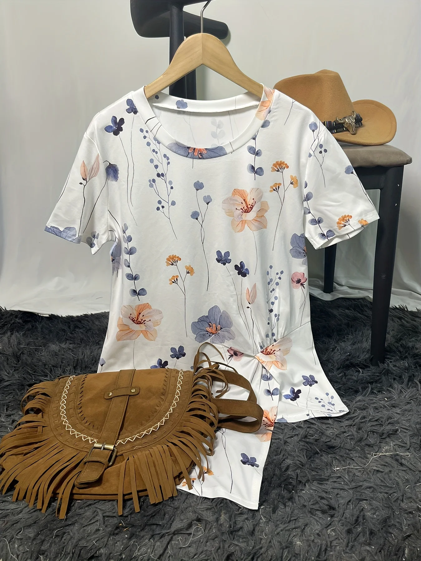 Women's Summer Floral Print Longline T-Shirt - Casual Short Sleeve Side Split Top - Boho Crewneck Loose Fit Tunic for Leggings/S