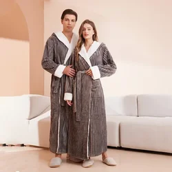 Extra Long Fat Cut Fleece Hooded Striped Couple's Nightgown, Men's and Women's Plus Size Flannel Bathrobe, Autumn and Winter