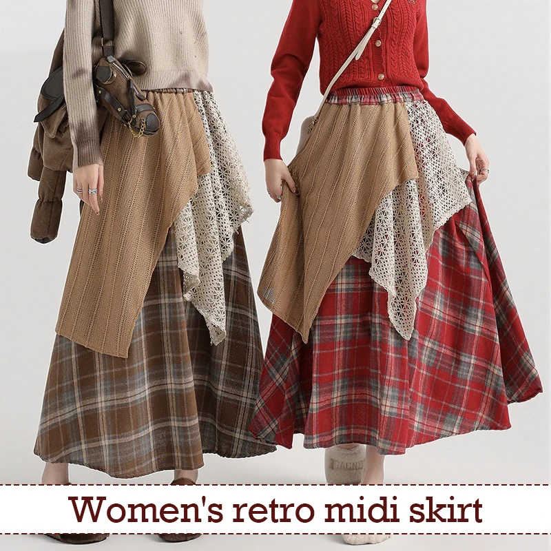 

Women Retro Layered Skirt Harajuku Gothic Punk Irregular High Waist A-line Long Skirt Contrast Color Vintage Plaid Skirt