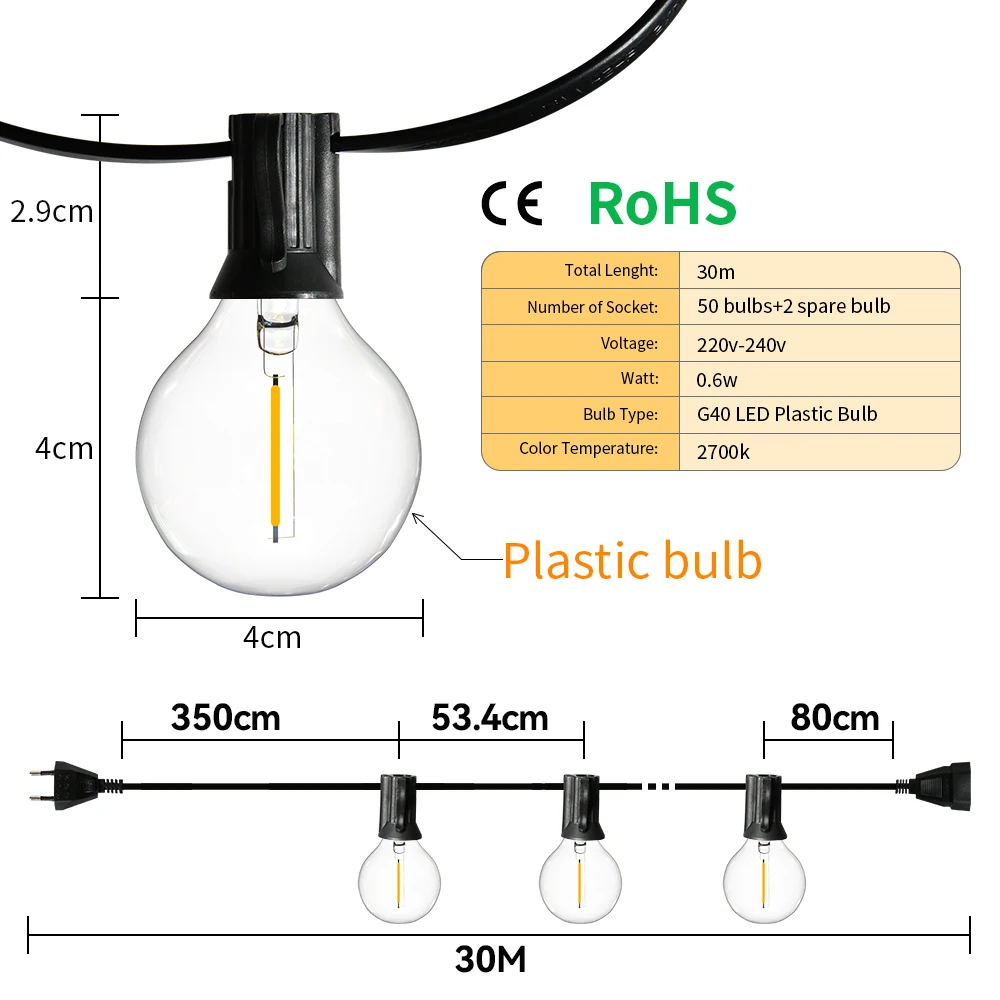 Guirnaldas de luz Led G40 para exteriores, cadena de bombillas impermeables, luz de hadas de 30M, guirnaldas de calle para decoración de jardín y boda