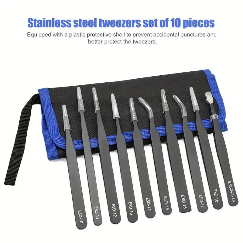 Anti-Static Stainless Steel Tweezers Set, Precision Industrial Tweezers For Electronics Repair, Model Making & Home Use