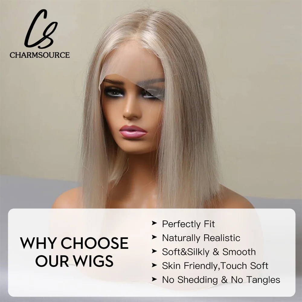 CharmSource Synthetic Lace Front Wigs with High Quality Straight White Blonde Wigs Cosplay for Women High Density Hair