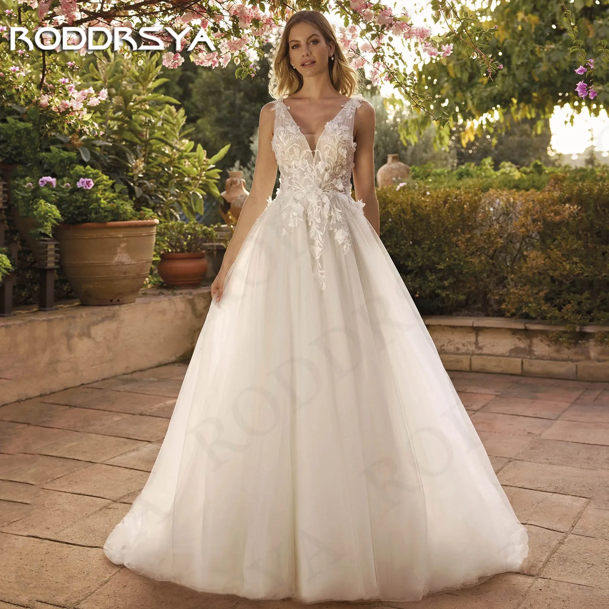 RODDRSYA-Robe de mariée élégante en tulle, col en V, fleurs en fibre 3D, dentelle précieuse, ligne A, robes de mariée, robe éducative, dos nu, 2024 Robe de mariée élégante en tulle à col en V, sans manches, avec fleurs