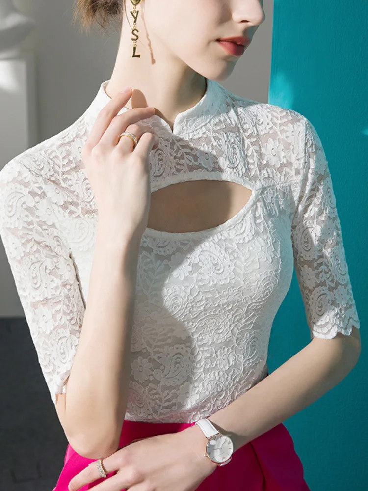 New Chinese Lace T-Shirt Women With Slim Cut And Hollow Out Sleeves, Sexy 2025 Spring/Summer New Mid Sleeve Top For Summer