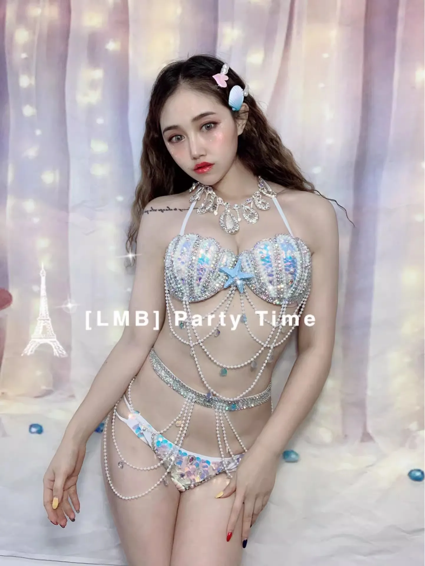 Party Club Clothing Sexy Luxurious Sparkling Diamond Bikini+Mesh Puffy Dress Set Nightclub Bar Female Singer Dance Stage Outfit