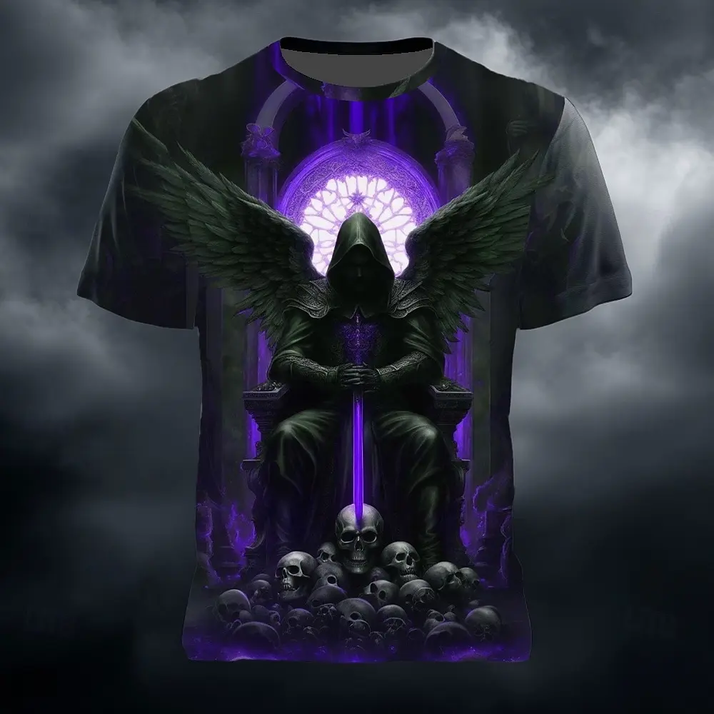 Gothic Winged Reaper Skull Purple Magic Sword 3D All Over Print Men Crew Neck Short Sleeve T-Shirt Horror Streetwear Casual Tee