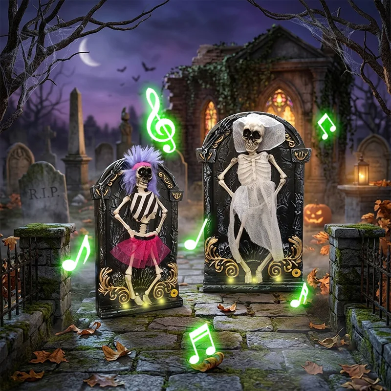 Halloween Tombstone Ornament Electric Dancing Skull Glow Dynamic Indoor Party Event Ornament Cloth