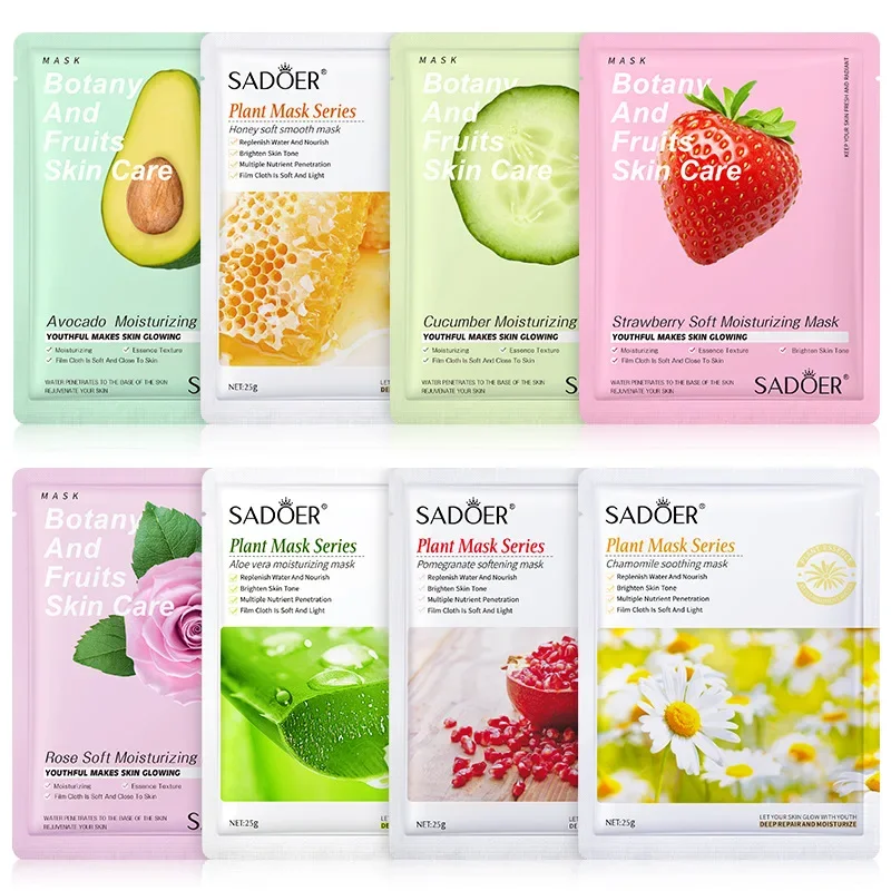 20 Pieces Natural Fruit Plant Facial Mask Sheets Moisturizing Oil-Control Blueberry Cucumber Pomegranate Fruit Aloe Face Mask