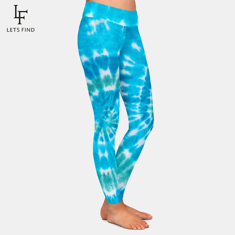 New Women Stretch Pants Blue Tie-dye Print High Waist High Quality Milk Silk Printed Casual Girl Leggings