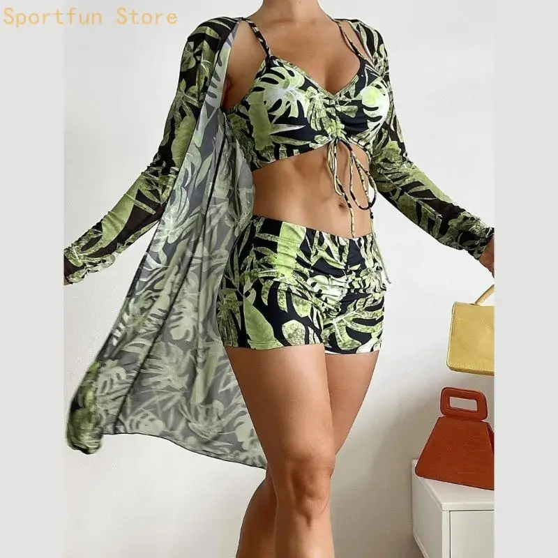 

Print Bathing Suit with Long Sleeve Beach Cardigans Coverup Padded Swimwears X7JD
