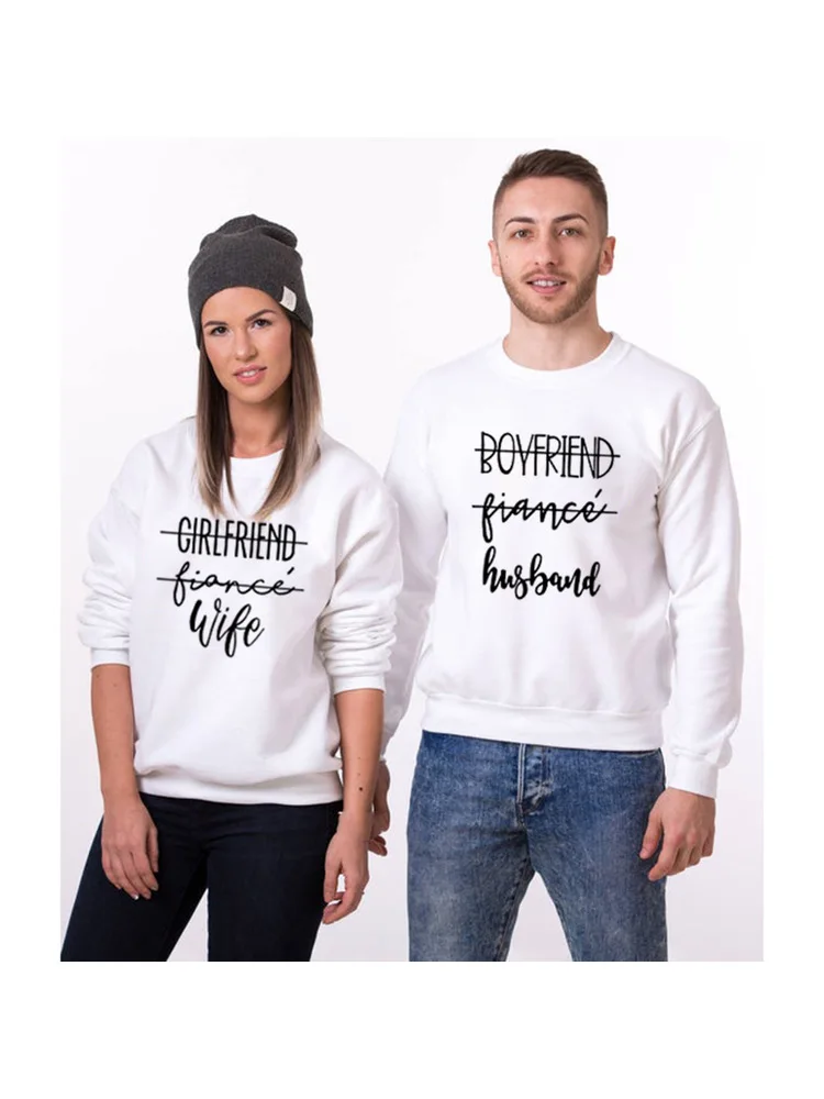 1pcs Women Men Unisex White Sweatshirt Girlfriend Fiance Wife Boyfriend Fiance Husband Print Clothes Vintage Couple Lovers Tops