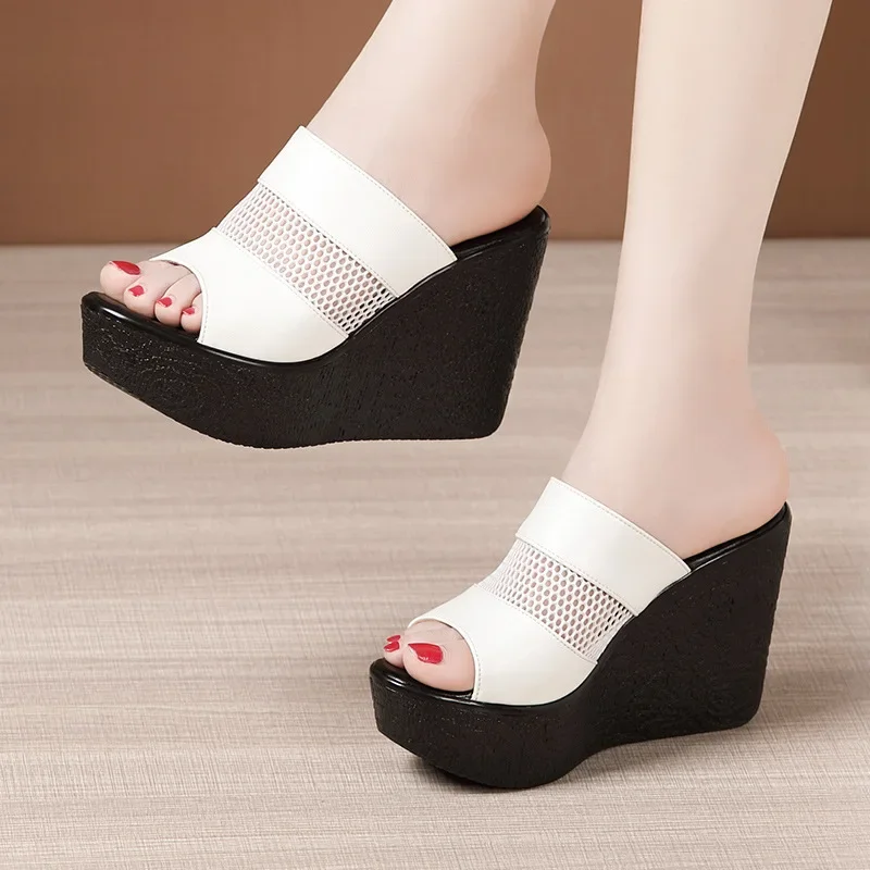 Plus Size 32-43 High Heels Slippers Women Wedding Shoes Summer 2024 Cutout Platform Wedges Slides Ladies Slippers for Office