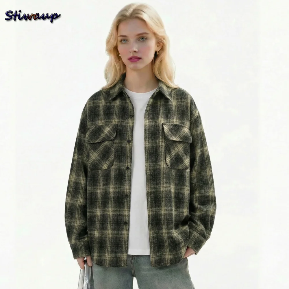 

Женская рубашка в клетку в американском винтажном стиле, блузка больших размеров для женщин, свободный крой, повседневная модная женская блузка с длинным рукавом