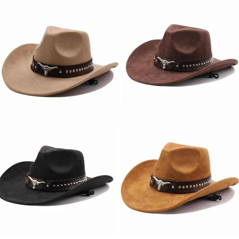 Western cowboyhoed met stierenkopnieten, gebogen rand, winddicht koord en vilt, geschikt voor buitenritten en jazzhoeden. - afbeelding 2