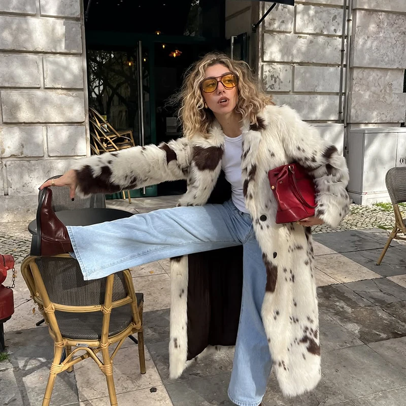 Luxury Hot Brand Fashion Cow Print Long Faux Fur Coat Jacket Women 2026 New Winter Thick Warm Outerwear Fluffy Overcoat Female