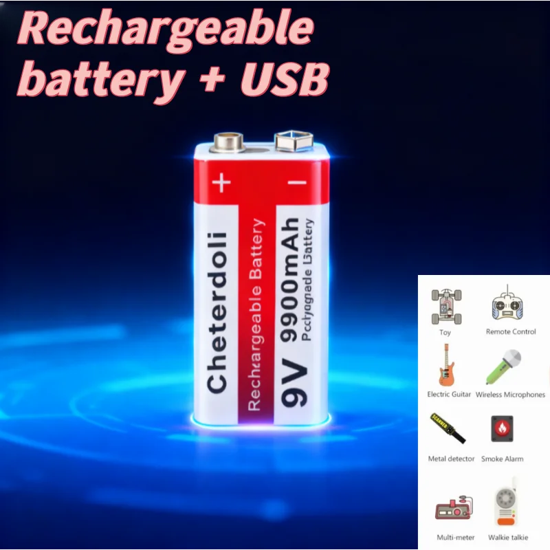 

9V Rechargeable Battery 9900mAh with USB Port,for Professional Audio Equipment, Testing Tools, Toys and More Electronic Devices