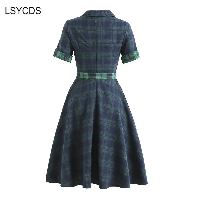 LSYCDS Vintage 50s 60s Swing Retro Dresses Fall Spring Turn-down Collar Button Up Women Clothes Dresses Elegant Robe Plaid Dress