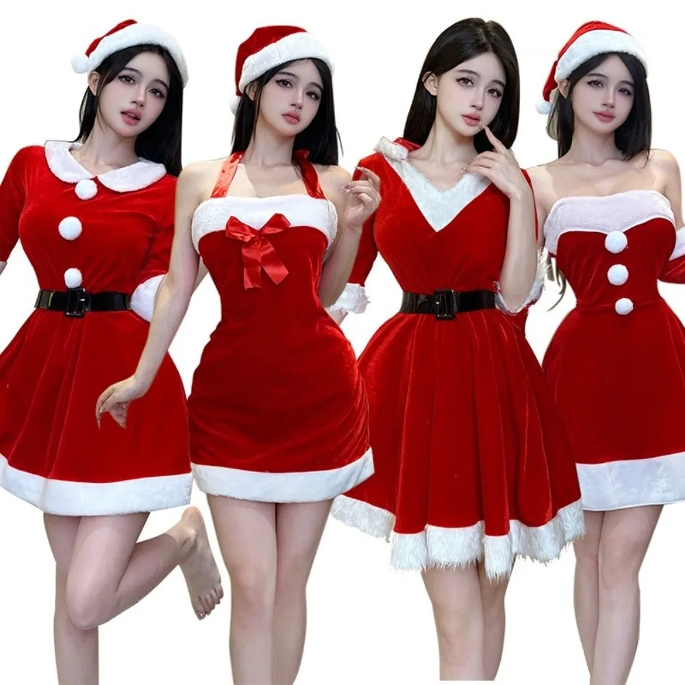 

Sexy Gold Velvet Christmas Dress Santa Hat Hooded Cosplay Christmas Outfit Santa Claus Bunny Girl Costume Xmas Suit