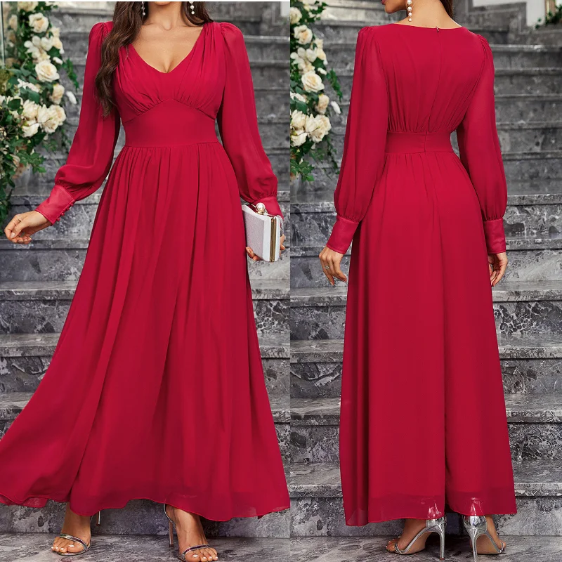 New Women'S Chiffon Sleeve Evening Gown Double V Neck A Line Party Gown High Waist Floor Length Evening Gown Vestidos Para Mujer