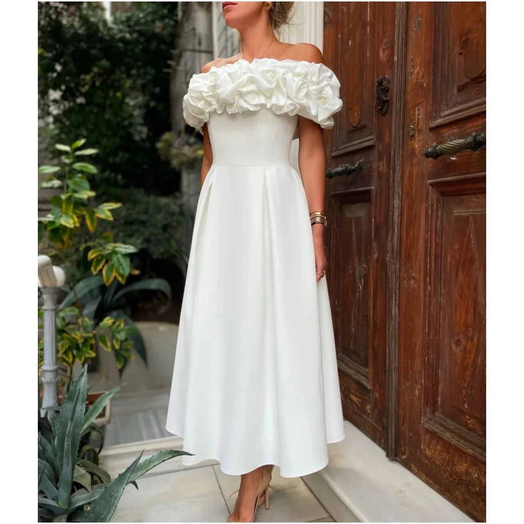 

Elegant White Engagement Dresses A Line Ruffles Off Shoulder Cocktail Gowns Formal Party Wedding Guest Skirts Customized
