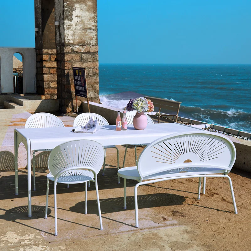 

gh-Outdoor Terrace Table and Chair Combination Courtyard Garden Leisure Coffee Shop Milk Tea Shop Balcony Metal Bench！