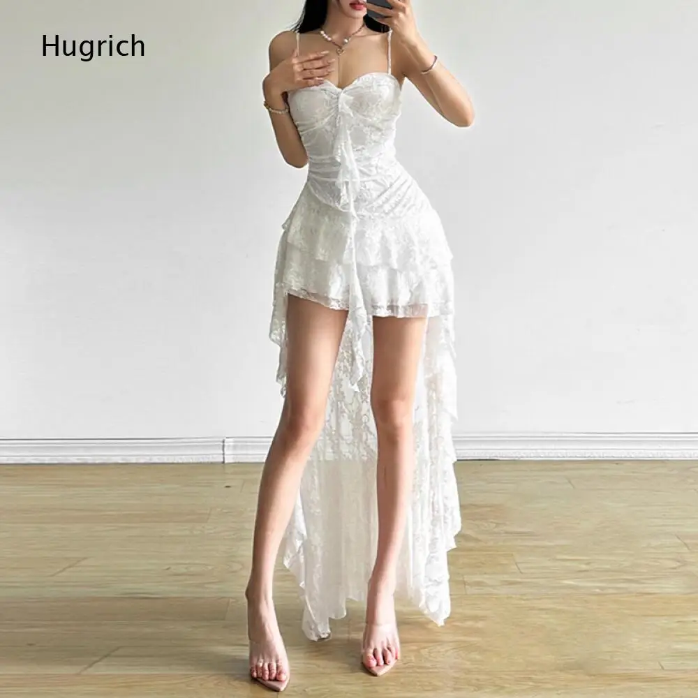 White Lace Spaghetti Strap Dress Women's Front Self Tie Ruched Multi Layer Ruffle Sheer Mesh Fairy Floor Dress