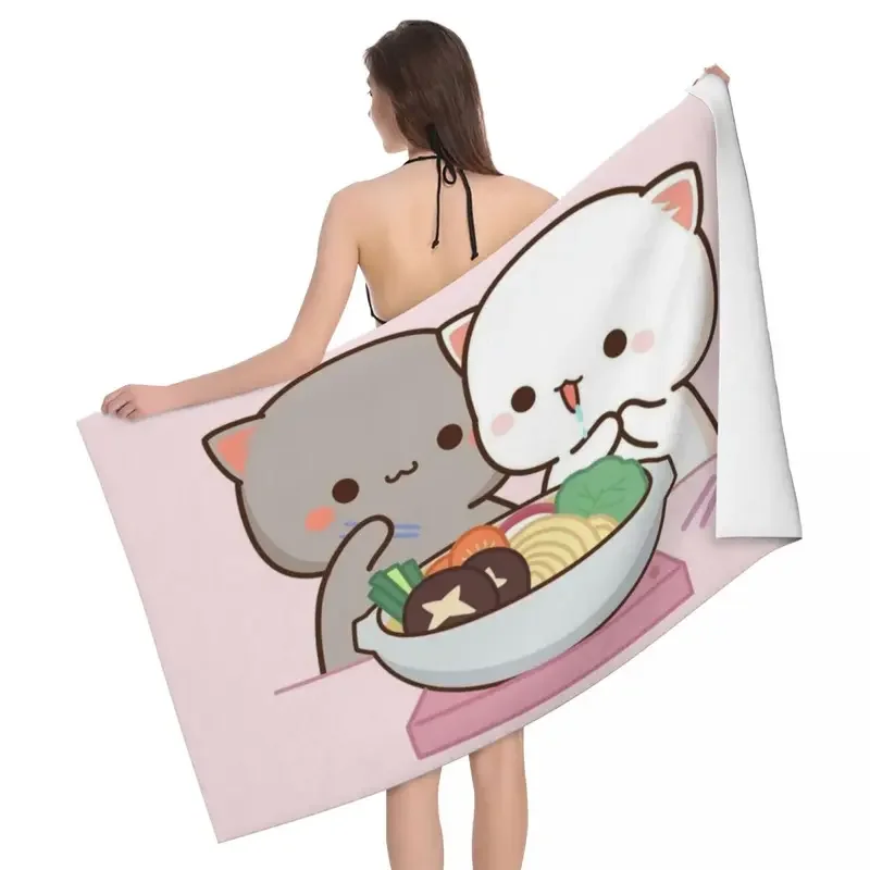 Serviette de plage en microcarence à séchage rapide pour femme, serviette de bain mignonne, bain, tête de bain, voyage, pique-nique, cadeau de couple, chat de pêche au miel, dessin animé