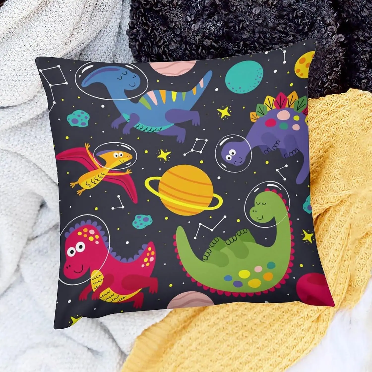 Dino Throw Pillow Covers for Boys Girls,18 x 18 Inch,Funny Outer Space Throw Pillow Covers for Sofa Couch Kids Bedroom Nursery