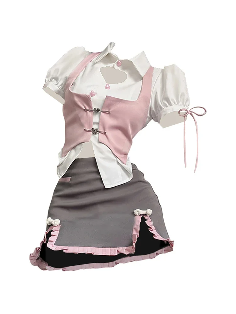 

2025 Women Japanese Fashion Gyaru Girl Design Outfits 3 Piece Set Short Sleeve Top + Kawaii Vest + Mini Skirts 2000s Aesthetic