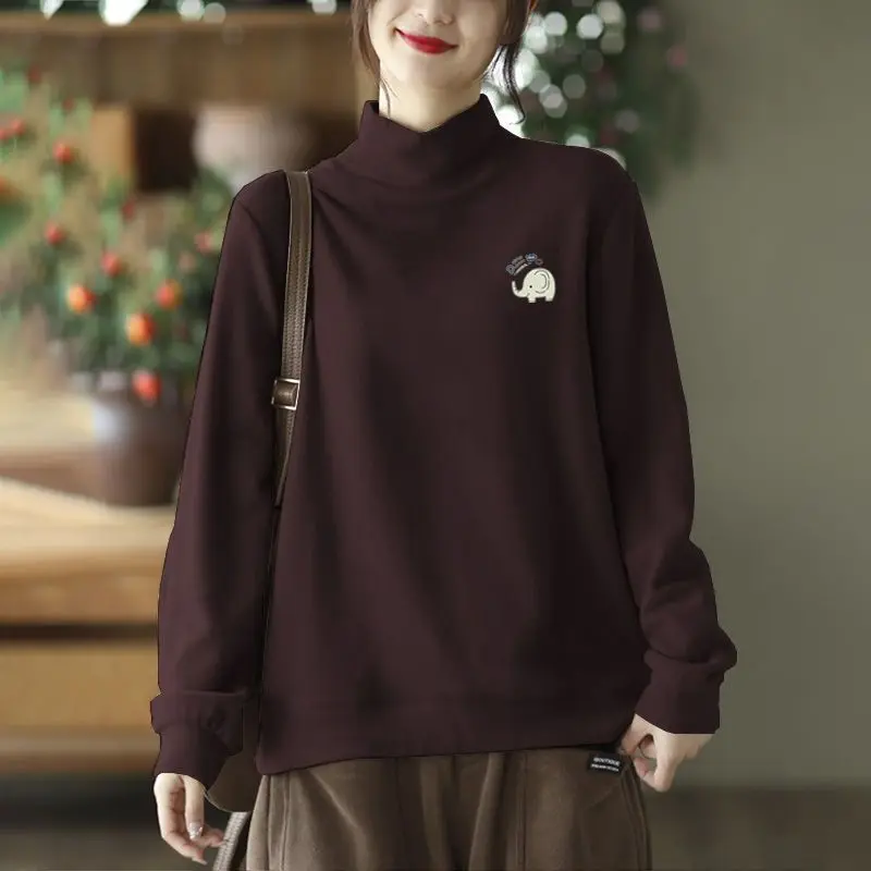 

Loose Winter Double-sided Half Turtleneck Long-sleeved T-shirt Artistic Stand-up Collar Velvet Bottoming Shirt for Women