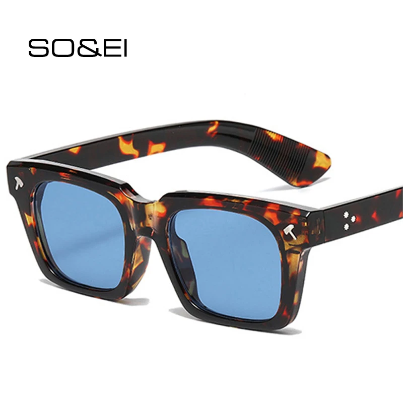 SO&EI Vintage Square Men Sunglasses Fashion Yellow Blue Shades UV400 Women Trending Rivets Punk Sun Glasses