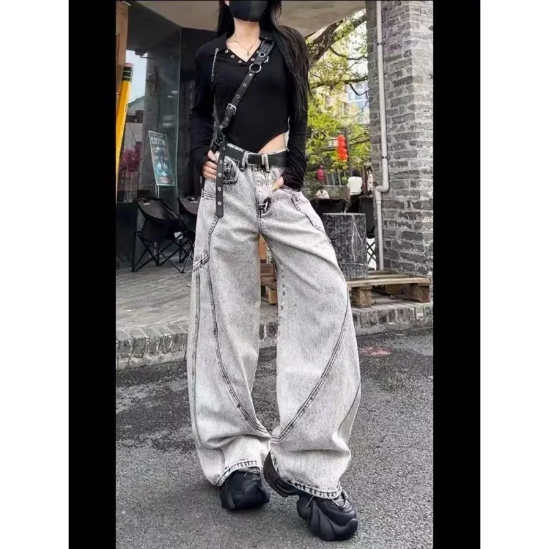 미국 레트로 스타일 맞춤형 스플라이싱 청바지 남성 하이 스트릿 디자인 감각 루즈핏 와이드 레그 바닥 청소 바지 2025 A
