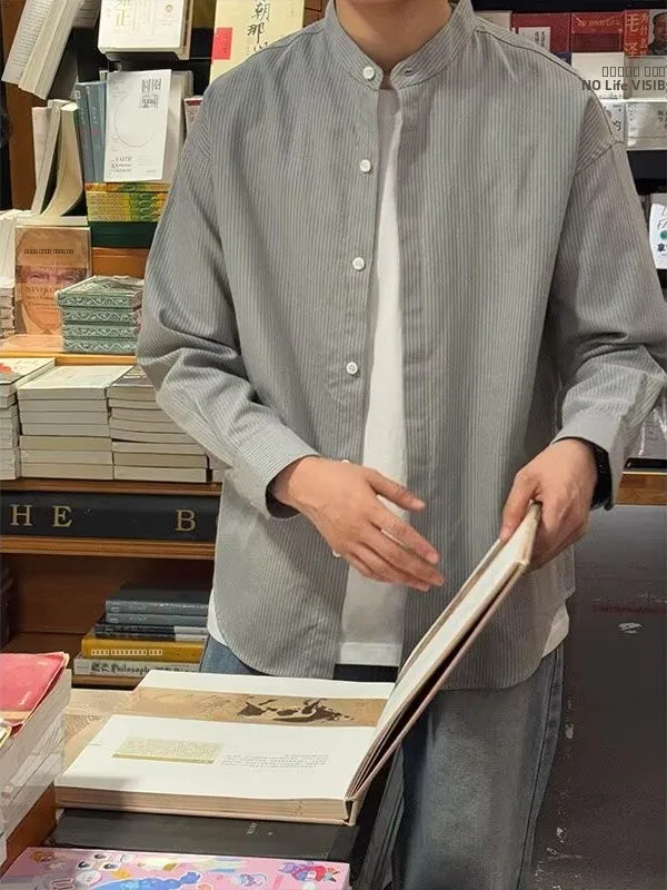 

Мужская рубашка свободного кроя в полоску с длинными рукавами в корейском стиле, весенне-осенняя базовая универсальная верхняя одежда для молодежи