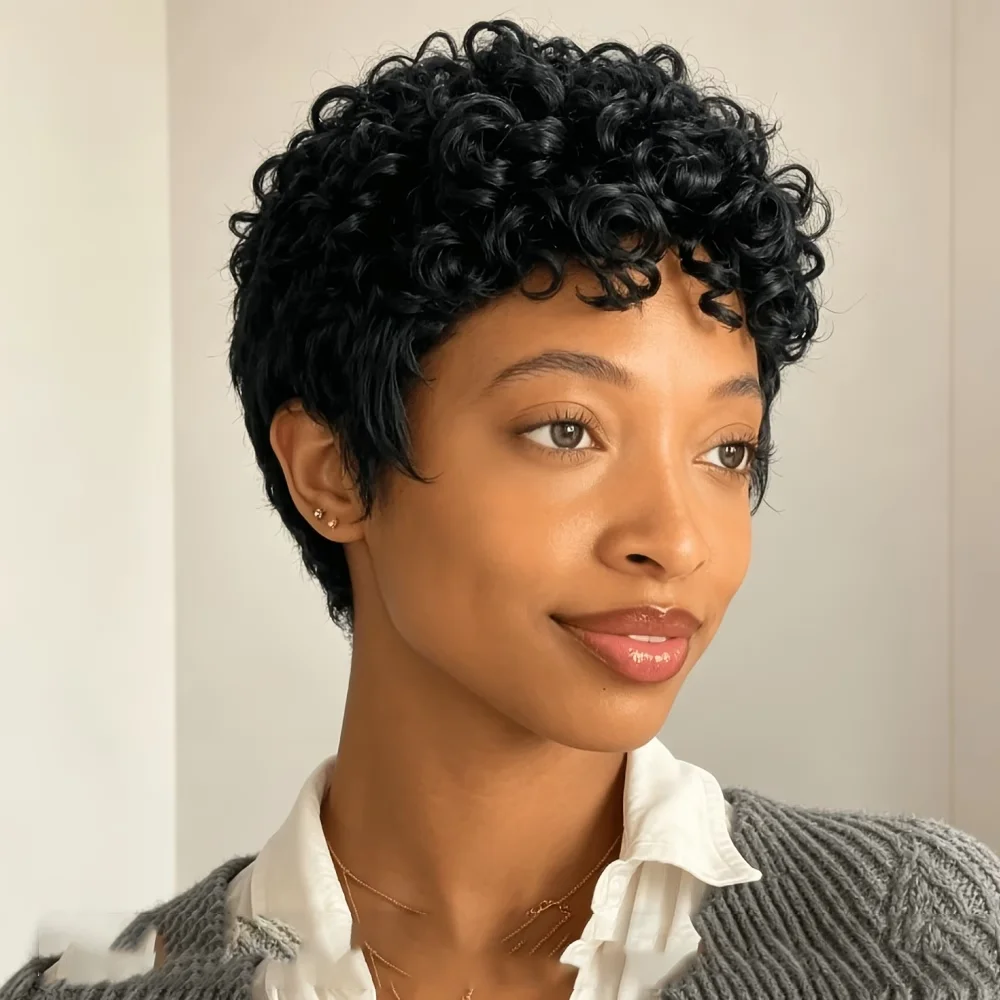 Short Curly Pixie Cut Human Hair Wig Natual Black Full Machine Made Human Hair Short Pixie Bob Cut Human Hair Wigs Short Wig