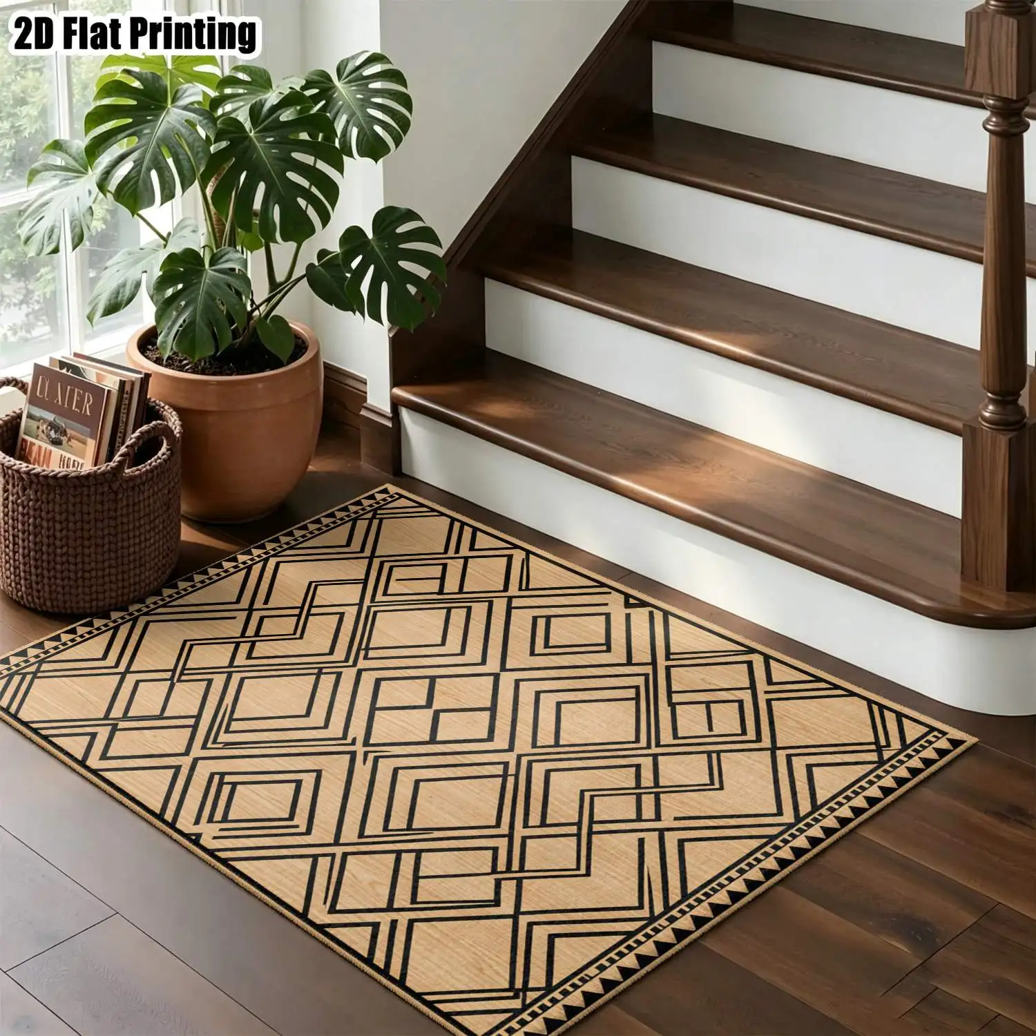 1Pc 2D Printed Carpet: Black & Brown Geometric Lines, Modern Nordic Instagram Style, Machine Washable, Multi-Size, Home Decor for Entryway, Dining Room, Foyer, Study, Living Room, Bedroom