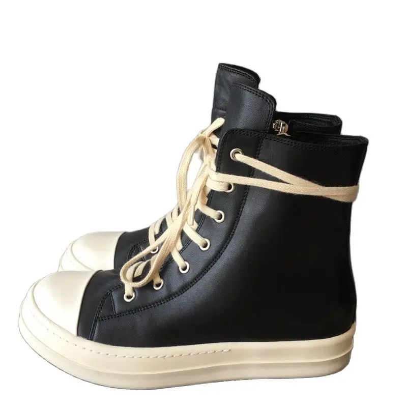 

Black& Street 2022 Hip Hop Rock Genuine Leather Canvas Street Boots Cool Lace Up Wax Canvas Shoes