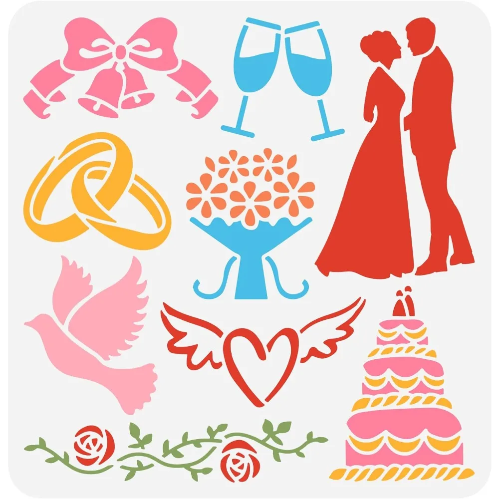 Wedding Stencil 11.8x11.8inch Reusable Bride and Groom Ring Rose Bells Champagne Doves Cake Flowers Love Hearts Drawing