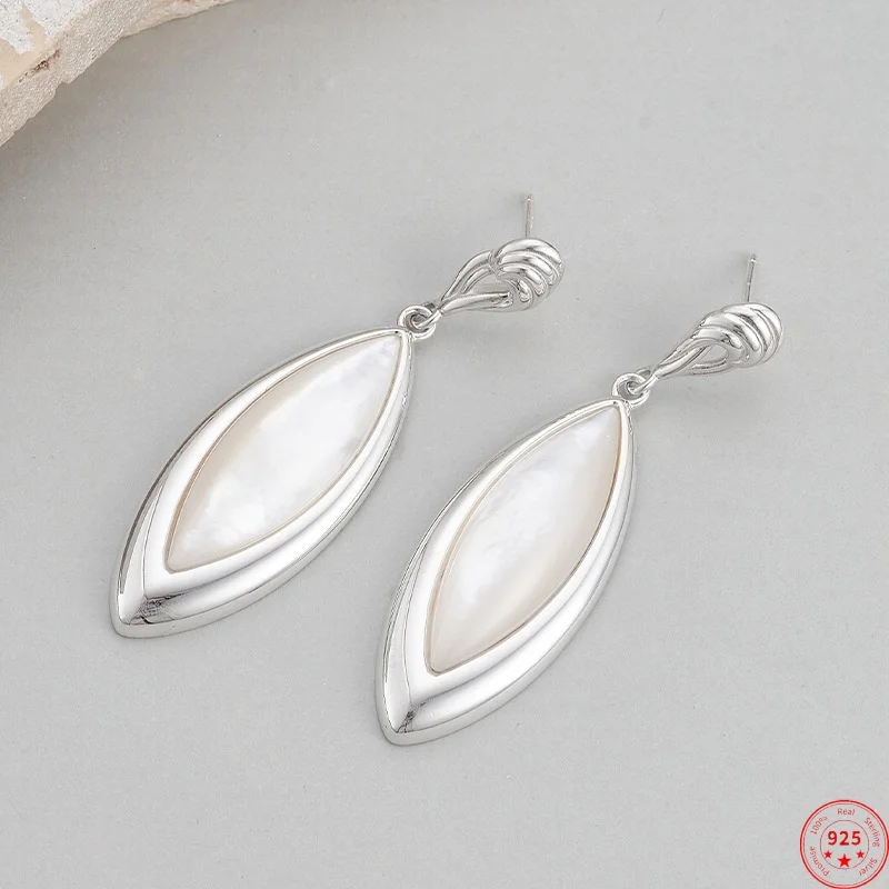 

S925 Sterling Silver Charms Studs Earrings for Women Rhombus White Sea Shells Ear Studs Elegant Fashion Jewelry Wholesale