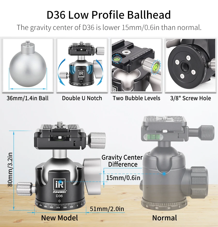 INNOREL CT75C/85C Kohlefaser-Stativ für DSLR-Kamera, robuster Ständer, Kugelkopf mit geringer Schwerkraft und verstellbarer Mittelsäule – Detail 6