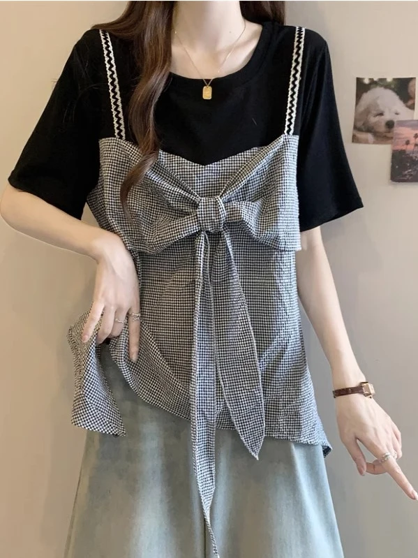 Korean Style Elegant Large Bow Tie T-Shirt Women's Summer Plaid Unique Beautiful Top Casual Chic Plaid Print round Neck Short...