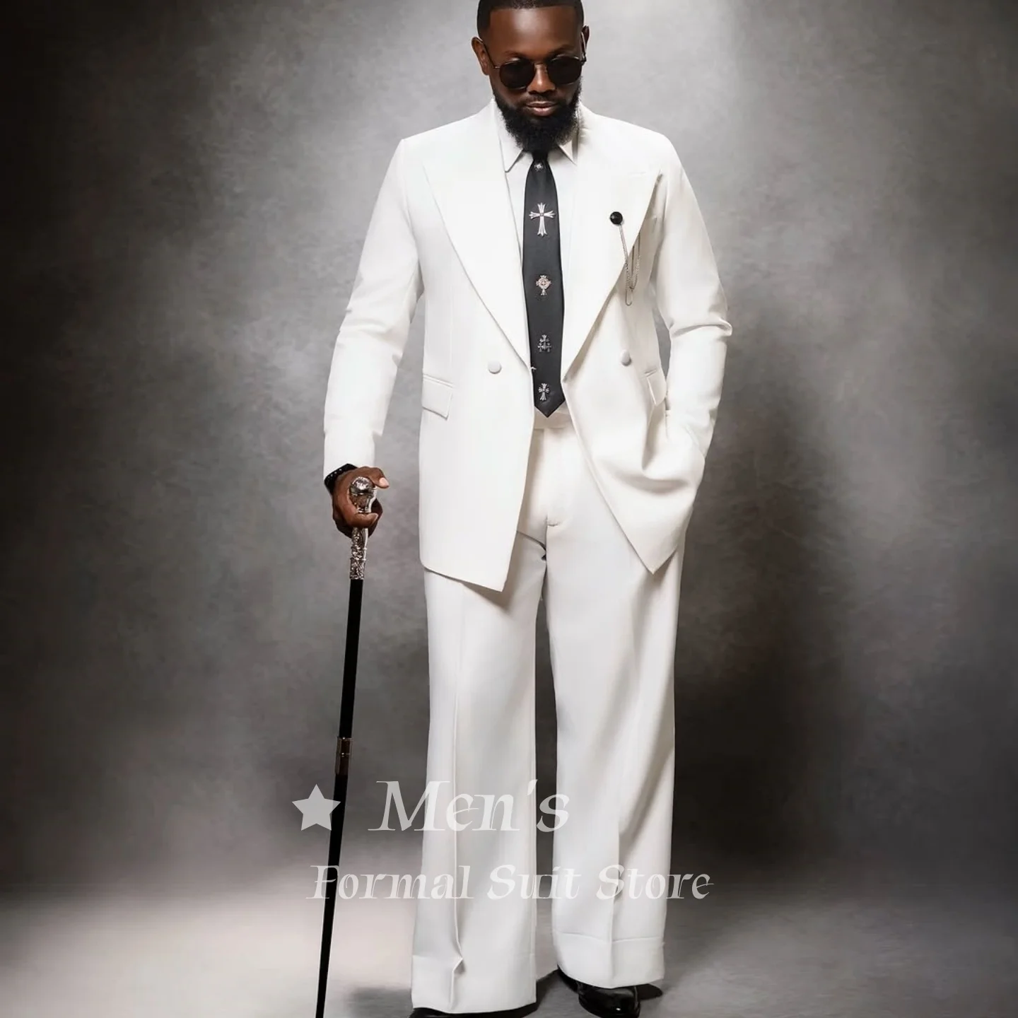 

White 2 Piece Suit Double Breasted Peak Lapel Blazer With Decorative Chain Pants Formal Events Wedding Groom Prom Customized