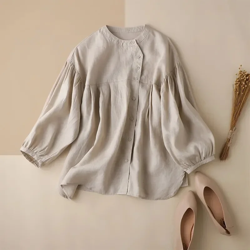 

Limiguyue Cotton Linen Women Tops Blouses Spring Elegant Lantern Sleeve Shirts Loose Cute Casual Single Breasted Blusas Mujer