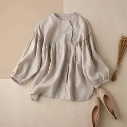 Limiguyue Cotton Linen Women Tops Blouses Spring Elegant Lantern Sleeve Shirts Loose Cute Casual Single Breasted Blusas Mujer