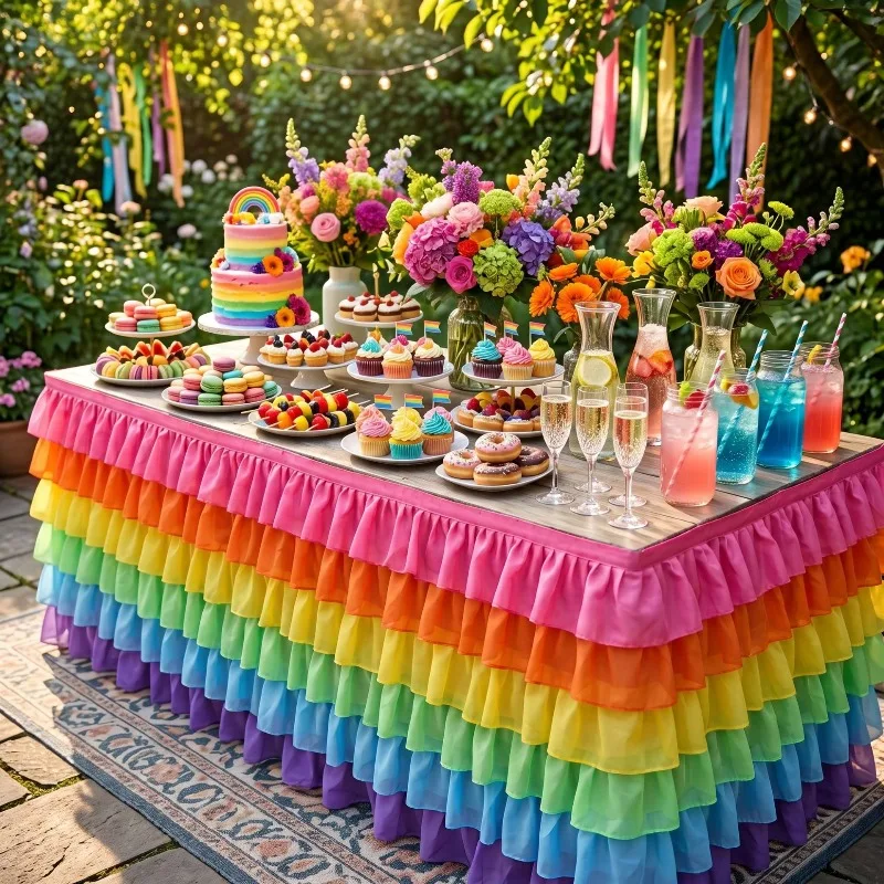 Gradient Rainbow Color Chiffon Table Skirt Multi-layer Ruffle Dessert Table Skirt Beach Parties Birthday Party Home Decorations