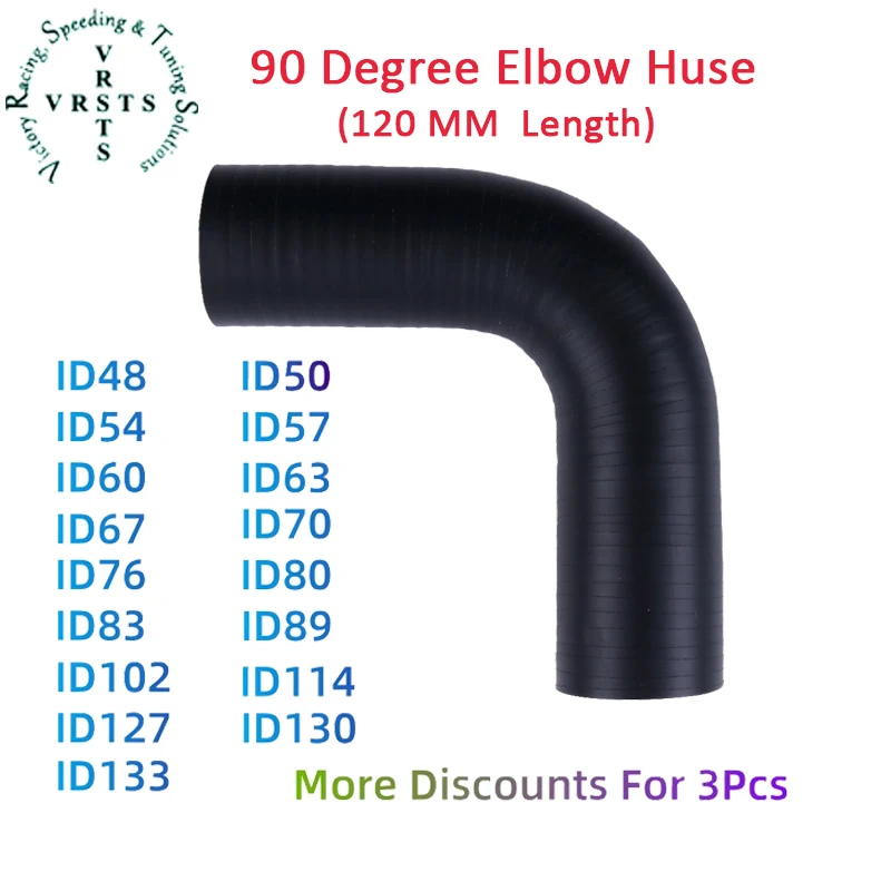 3PLY 90° 102mm Length 90 Degree Elbow Coolant Silicone Hose Tube ID 48 50 54 57 60mm 63 67 70 76mm 80 83 89 133mm 1PC Matt Black