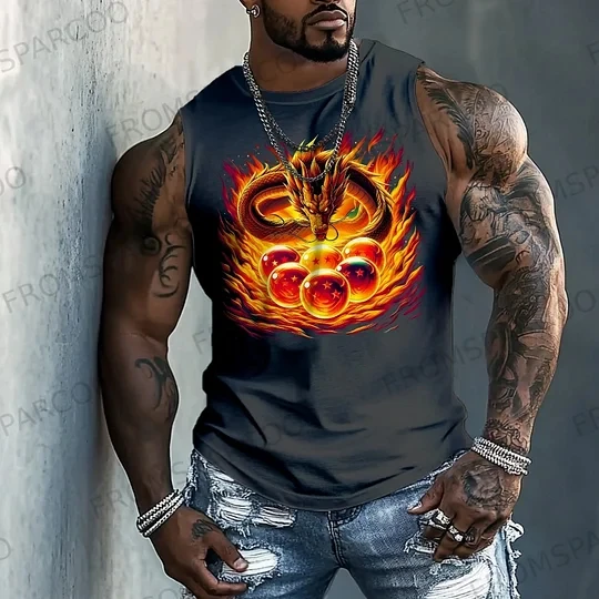 Męska koszulka bez rękawów Dragon Ball Anime, streetwear, letni nadruk graficzny, casualowa kamizelka do ćwiczeń, popularny styl.