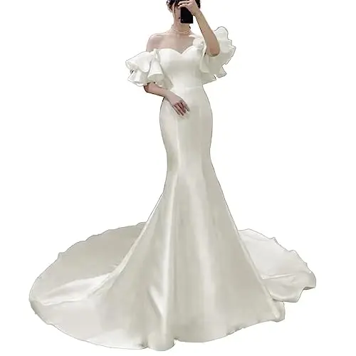 Satin Hochzeit Schlepp kleid Schatz Kurzarm schlanke Braut Meerjungfrau Kleid für Brautjungfer Party Bankett