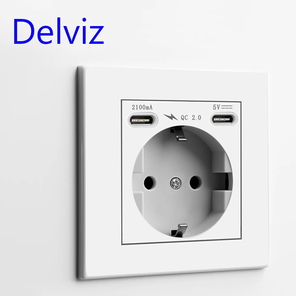 Delviz Wall 2A USB Power Outlet, AC 110V-250V, PC Panel 16A Wall Embedded Electric Double Socket, EU Standard Type C USB Socket