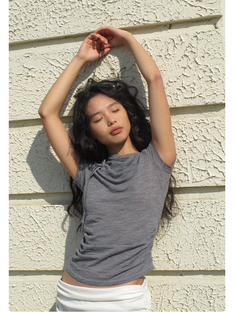CHEERART Grey Solid T Shirts Woman 2025 Summer Slash Neck Short Sleeve Crop Top Designer Tees Fashion Clothes