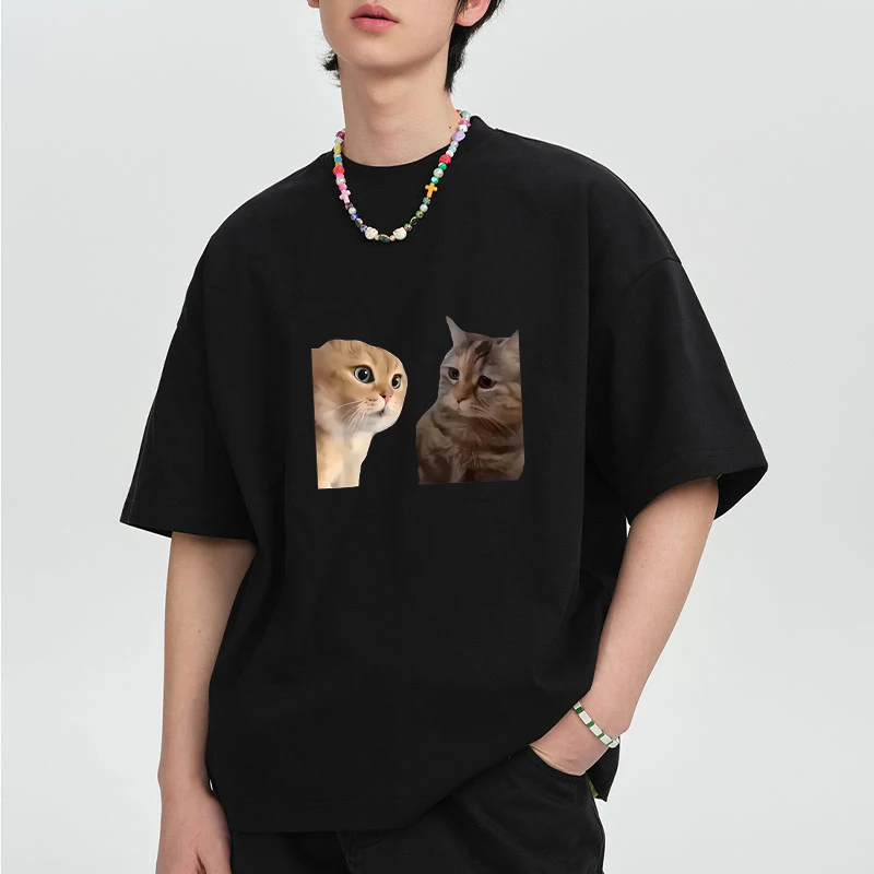 

Funny Cute Cats Talking Meme printed short sleeve T-shirts Men Women Summer Cotton Oversized T shirt Casual loose tops Unisex
